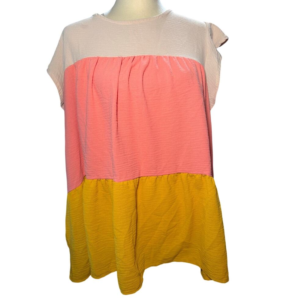 143 Story Colorblock Babydoll Tunic, Pink Mustard Beige Ruffle, Plus Size 3X